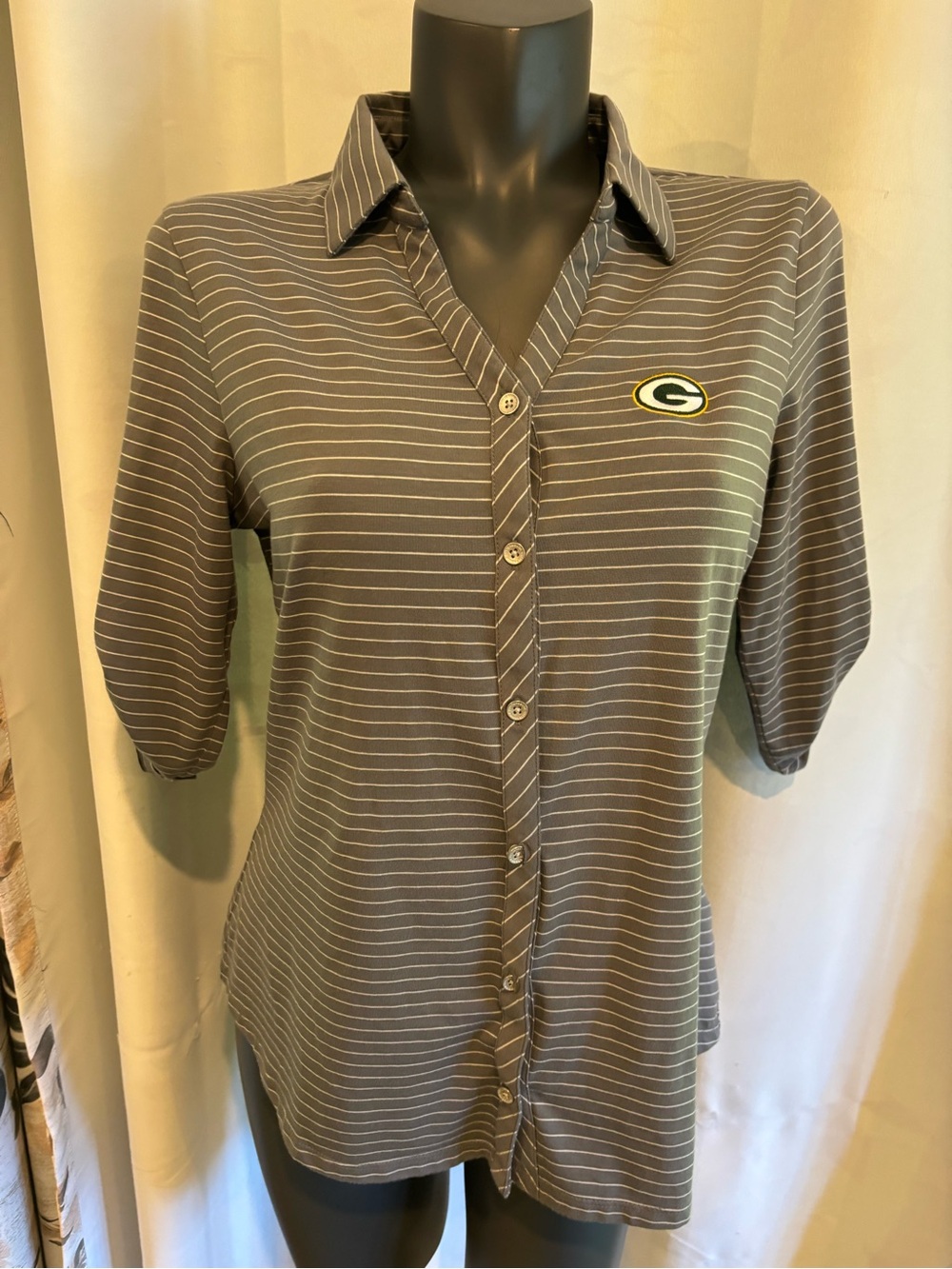Cutter & Buck Gray Striped Button-Down Polo with Greenbay Packers Logo
